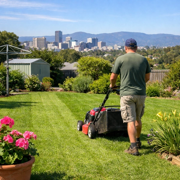 Man mowing a green residential lawn in Adelaide with Adelaide Hills in the background on a sunny day