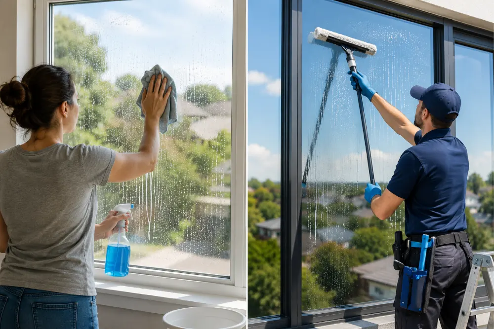 A professional window cleaner cleaning home windows in Adelaide